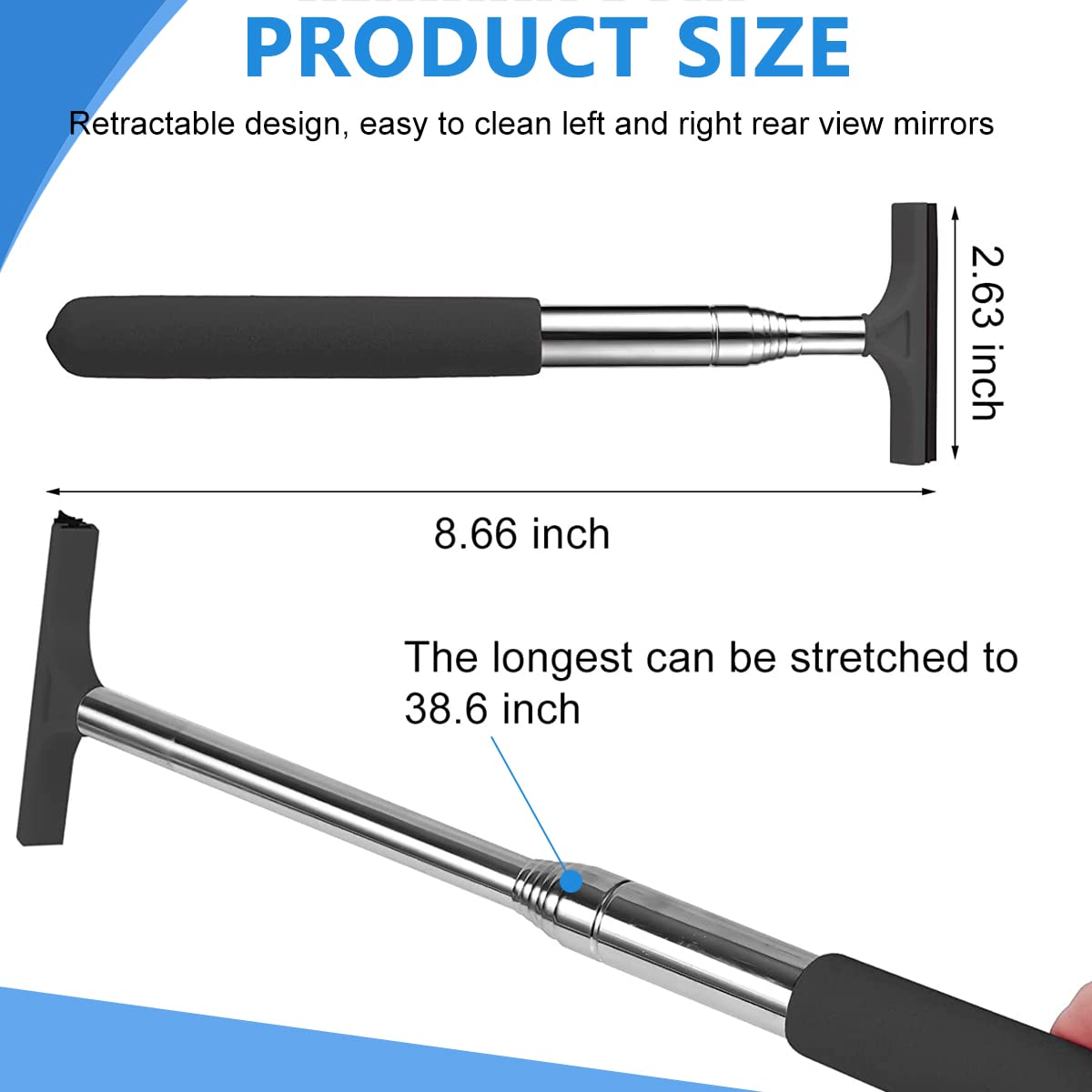 Car Rearview Mirror Wiper for Safe Driving with Retractable 38.6 in Rod and 2.5 in Rubber Head