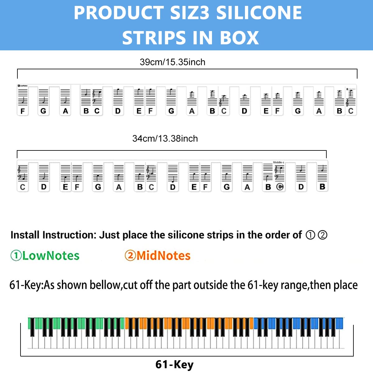 HASTHIP Silicone Piano Keyboard Labels for 61 Key Digital Piano with Removable Design | Practice Note Guide for Beginners