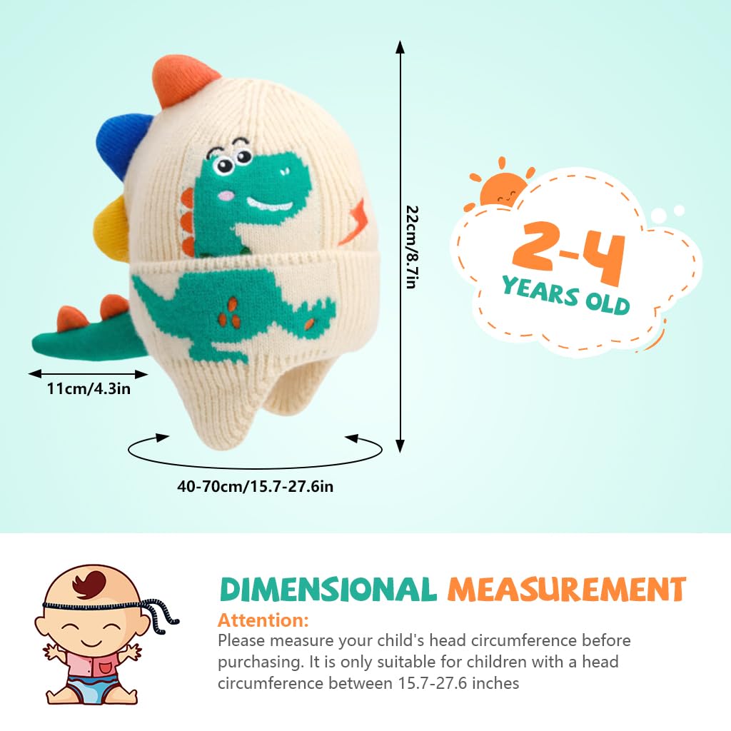 SNOWIE SOFT Cute Dinosaur Knitted Winter Cap for Kids 2–4 with Ear Guards | Beige Warm Beanie