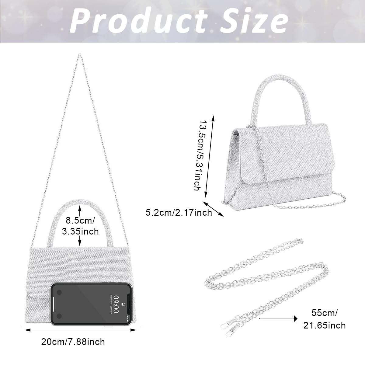 PALAY Clutch for Women with Detachable Chain Top Handle in Sparkling Silver PVC | 7.95x2x5.3 in Evening Tote