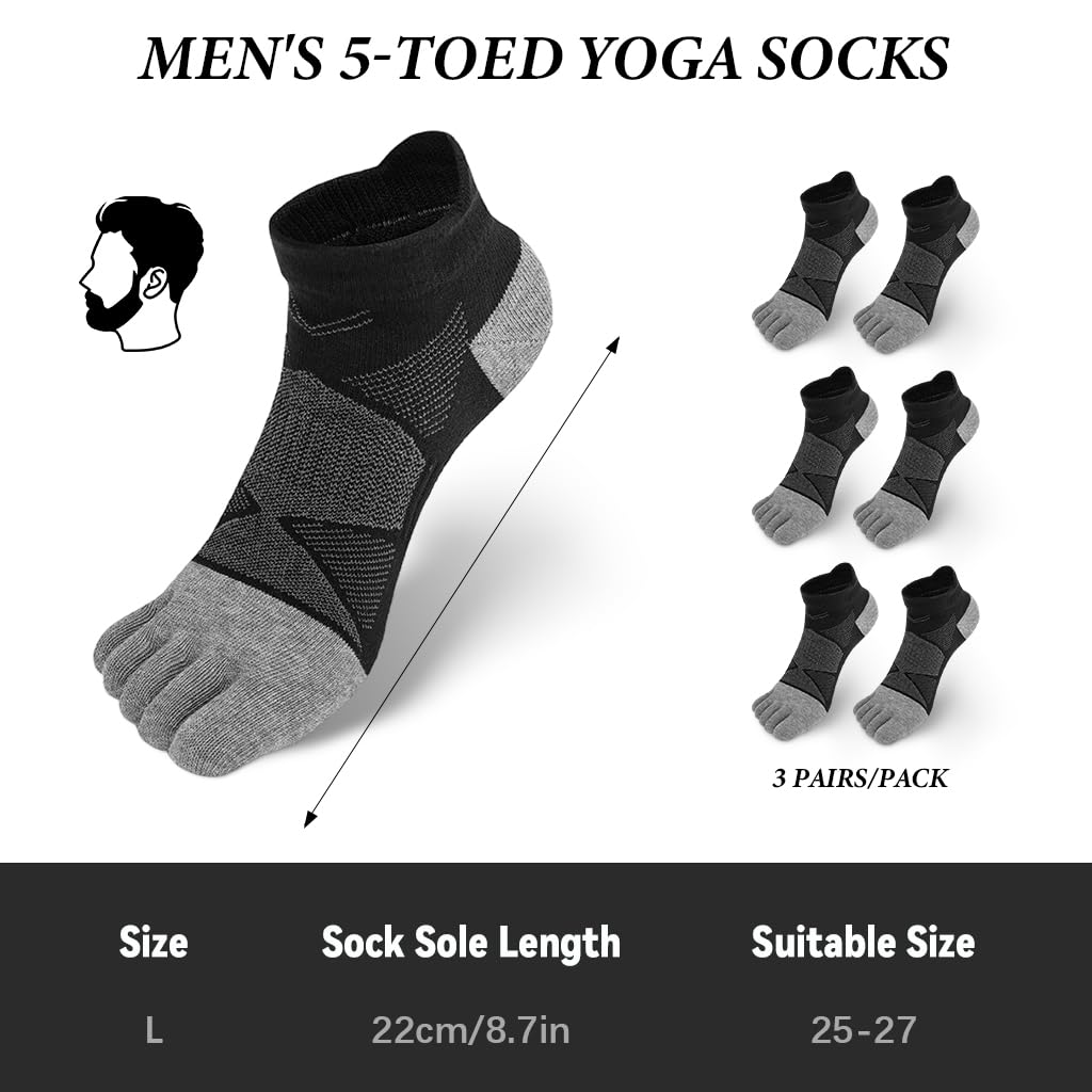 Proberos Mens 5 Toe Yoga Socks for Exercise with Anti Skid Sole and Moisture Wicking Cotton | 3 Pairs Grey