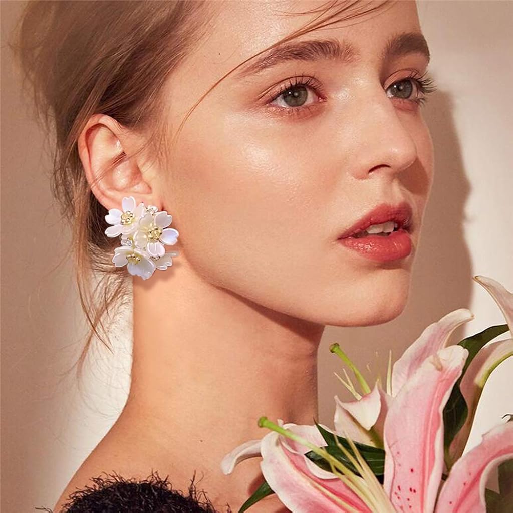 ZIBUYU Earrings for Girls featuring White Flower Hoop Design with Gold Accents | Lightweight Acetate Jewelry for Women