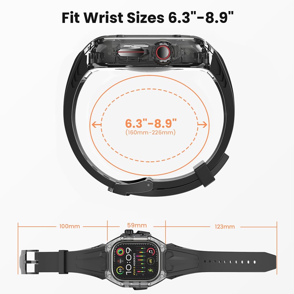 ZORBES® Smart Watch Band with Transparent Case Covers Fashion DIY Apple Watch Modification TPU Watch Band Adjustable Fashion Unisex Black Universal Watch Band for Apple Watch Ultra/Ultra 2 49mm