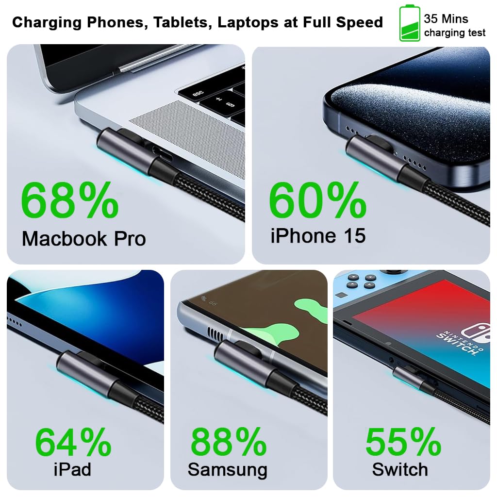 Verilux Type C Charger Cable 9.8 ft for Fast 100W PD Charging featuring 90° Right Angle | Nylon Braided