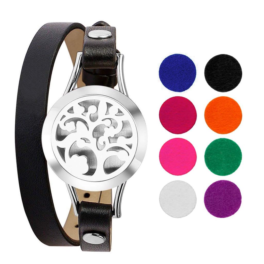 HANNEA Aromatherapy Essential Oil Diffuser Bracelet with Life Tree Locket | Adjustable PU Leather Gift for Women