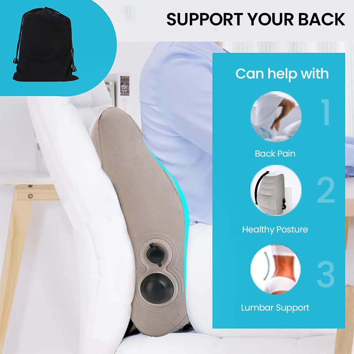 PALAY Inflatable Travel Pillow for Flight and Office with Self‑Inflating Design 42×40×18 cm Grey