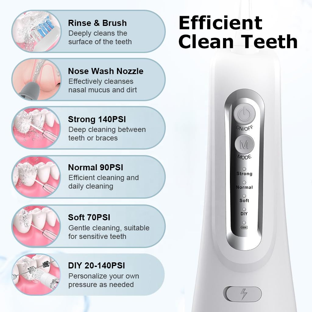 HANNEA Water Dental Flosser for Teeth with 300ml Detachable Tank and 6 Nozzles | Rechargeable IPX7 Waterproof Oral Irrigator