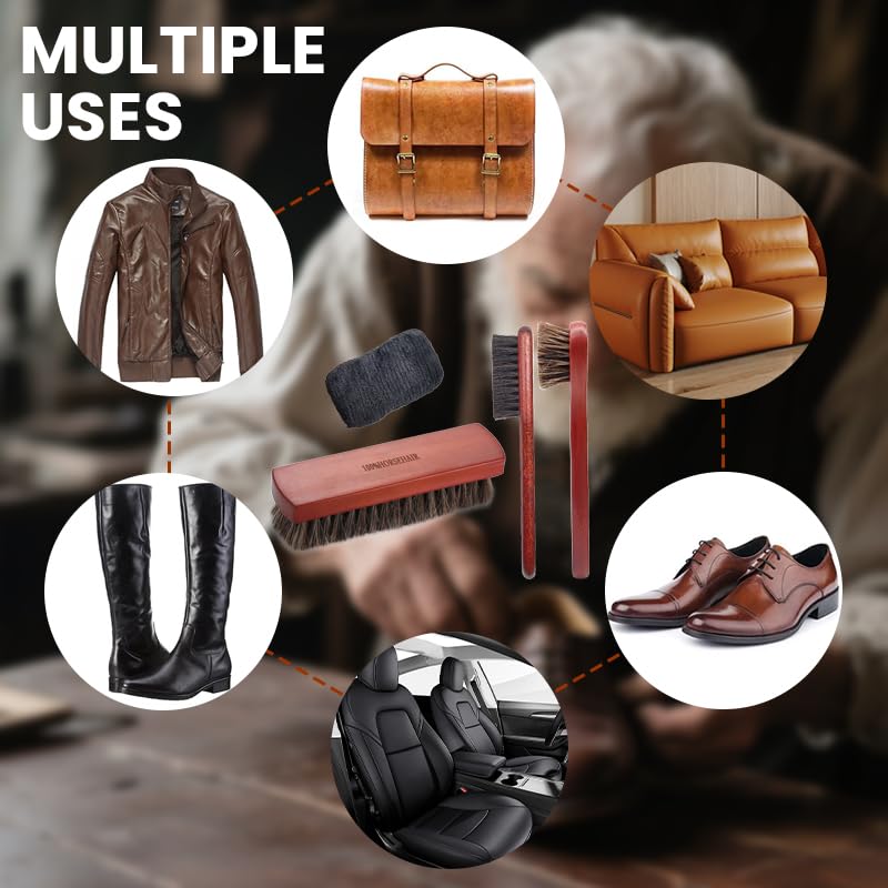 HASTHIP Horsehair Shoe Brush Set for Leather Care with 4PCS Kit and Handcrafted Wood Handle