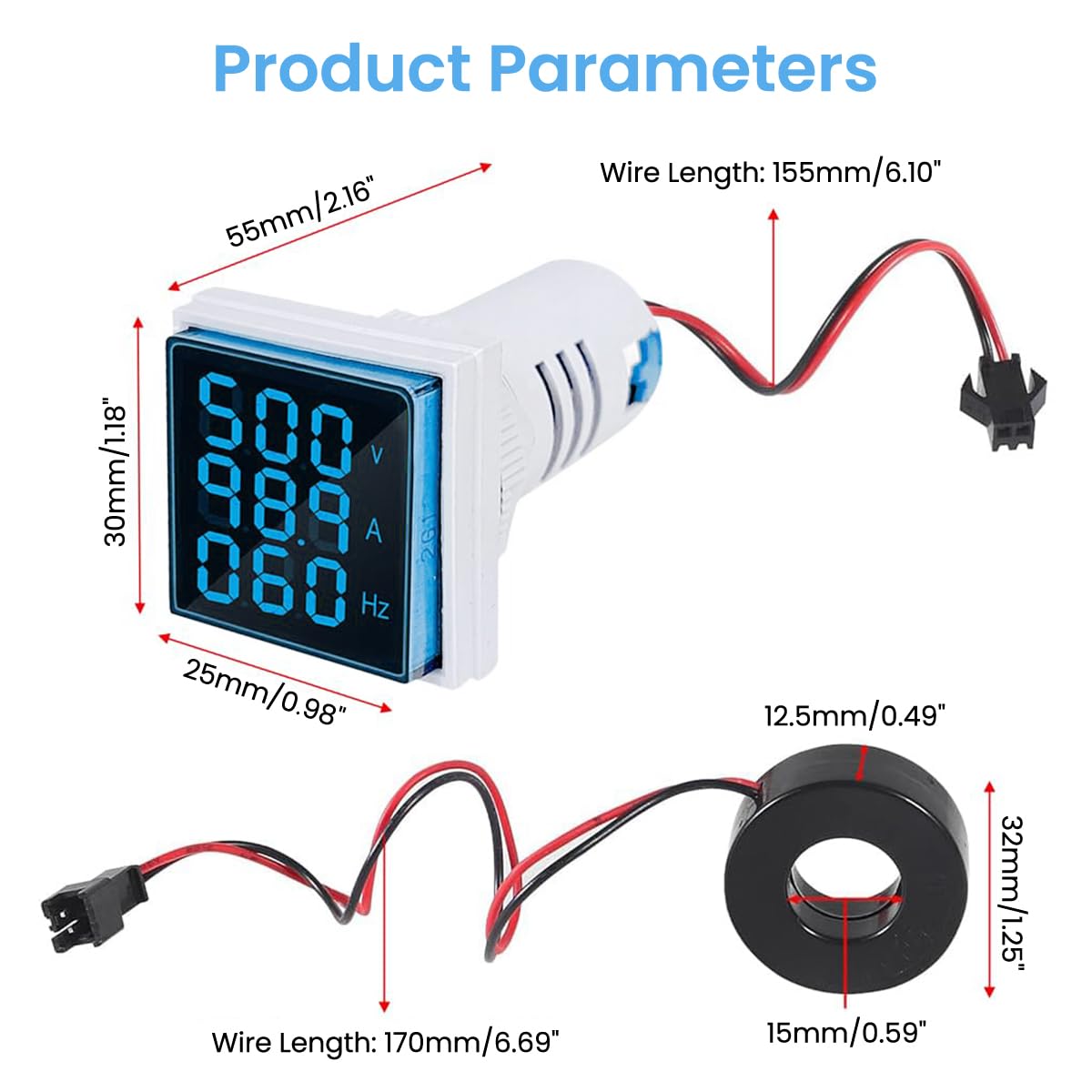 Serplex® LED AC Current Voltage Frequency Signal Light 60-500V 0-100A AC Digital Ammeter Voltmeter, Backlight Display Voltage Detector Current Tester Gauge