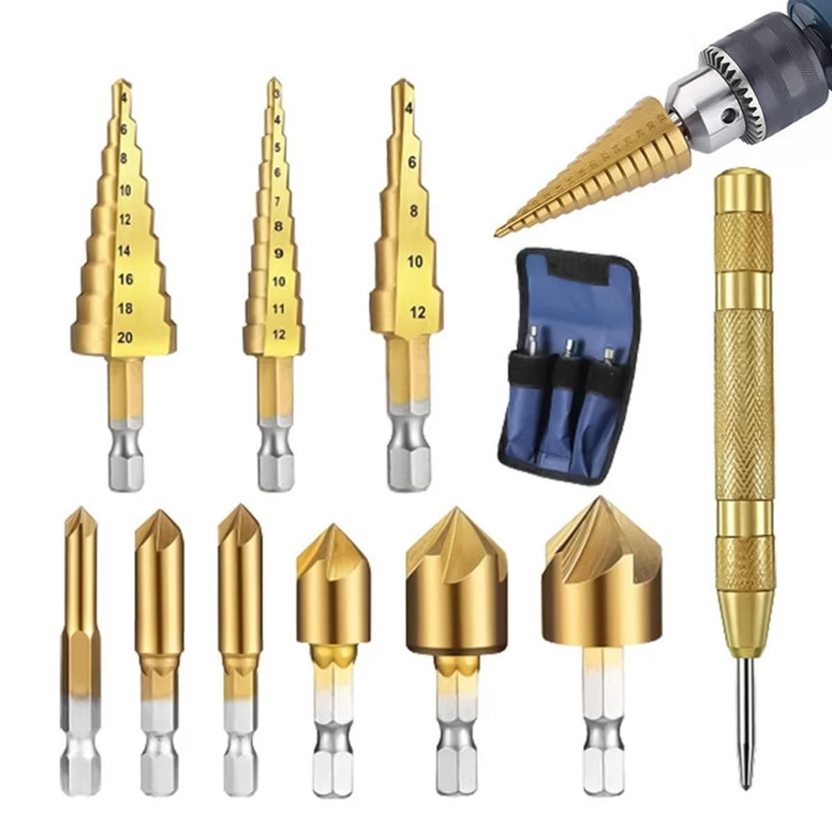 Serplex® 10PCS Drill Bit Set with Case, Including Titanium Coated 3Pcs Step Drill Bit, 6Pcs Countersink Drill Bits, Drill Bits for Metalworking, Woodworking, Hole Drilling