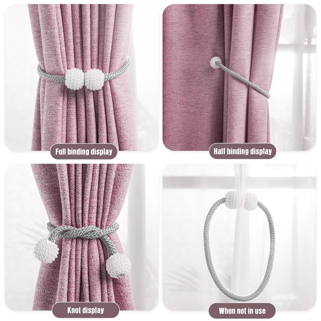ZIBUYU Curtain Tiebacks 6Pcs for Home and Office Décor with 45cm Rope and Magnetic Pearl Heads