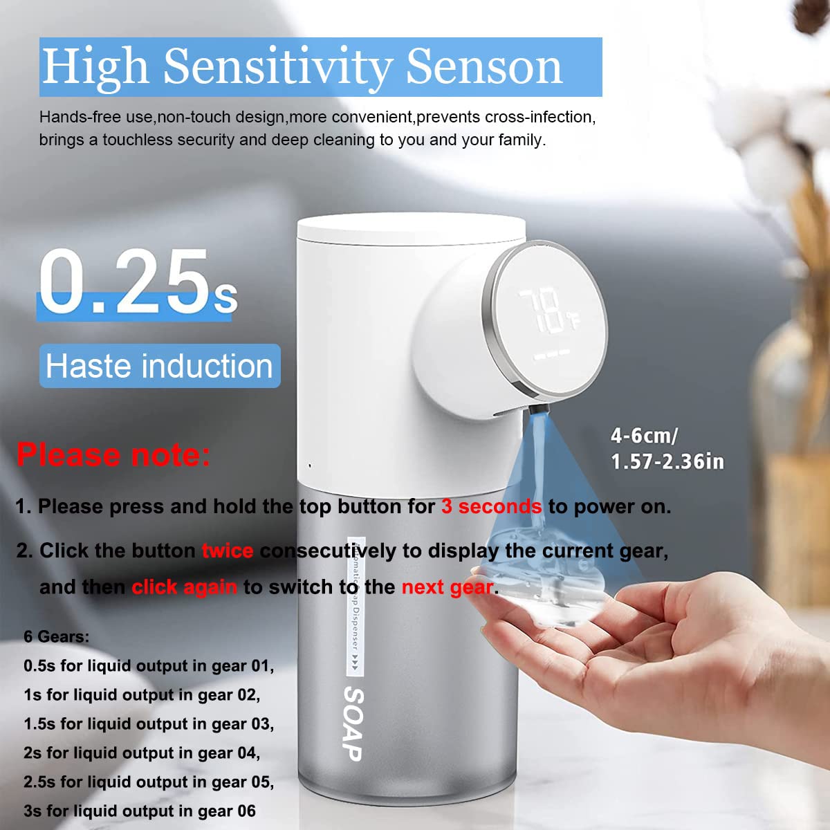 HASTHIP Soap Dispenser for Bathroom 1500mAh Automatic Touchless Soap Dispenser 320ml Liquid Soap Dispenser for Kitchen Sink LCD Temperature & Battery Display Sanitizer Gel Foaming Handwash Dispenser