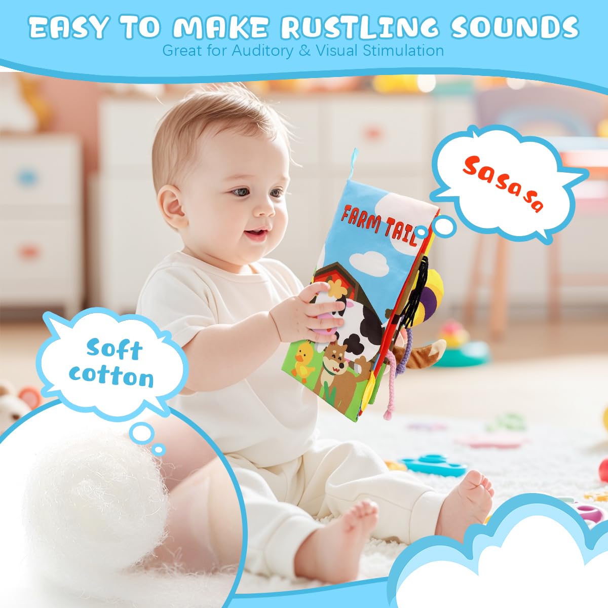 SNOWIE Soft Farm Cloth Books for Babies with 12 Textured Animal Tails & Crinkle Sounds | Early Sensory Learning Toy