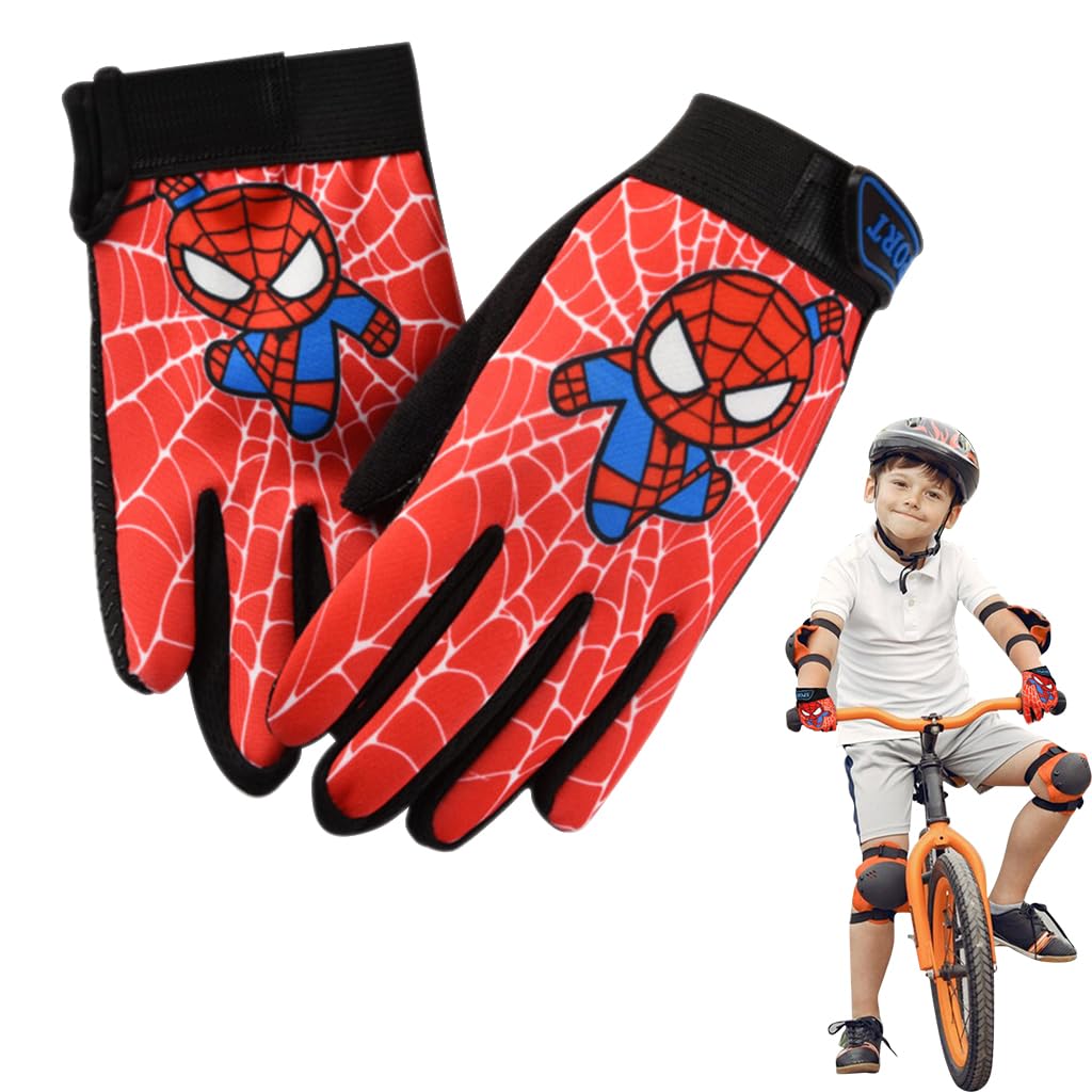 PROBEROS Kids Riding Gloves for Cycling with Anti Slip Palm and Adjustable Wrist | Red Cartoon Print Cotton for Ages 2 to 5