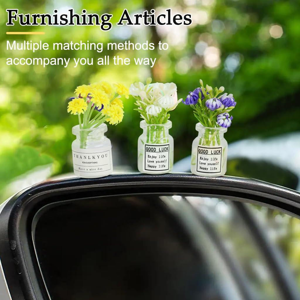 STHIRA Daisy Flower Car Accessories featuring 5 Miniature Glass Vase Dashboard Decorations