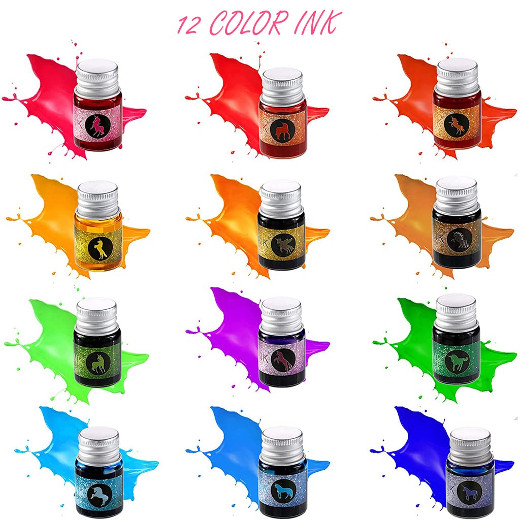 Climberty Glass Dip Pen Set, Calligraphy Pens and Ink Set - 12 Colors Ink, Crystal Glass Pen Set for Art, Writing, Drawing, Signatures, Gift for Kids and Artist