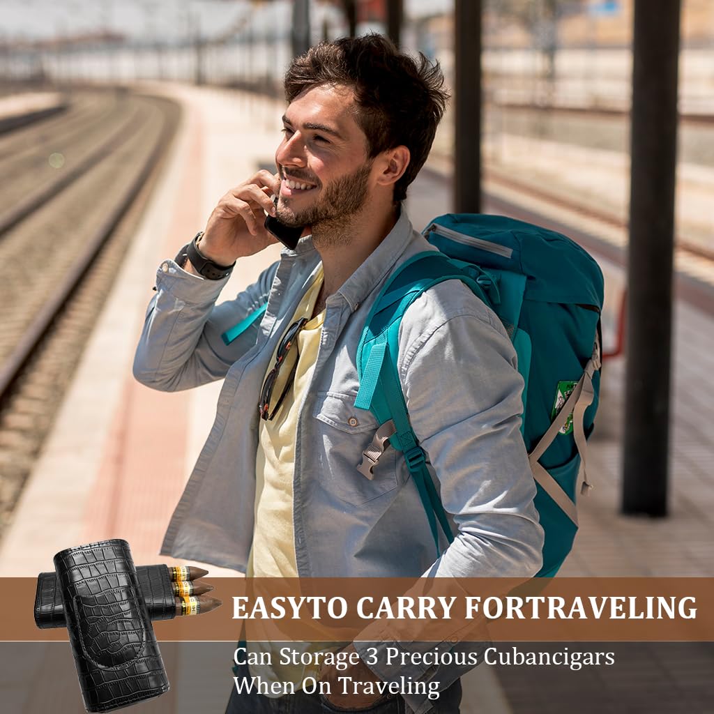 GUSTAVE Leather Cigar Case for Travel with Cedar Wood Lining and Cutter | Holds 3 Cigars