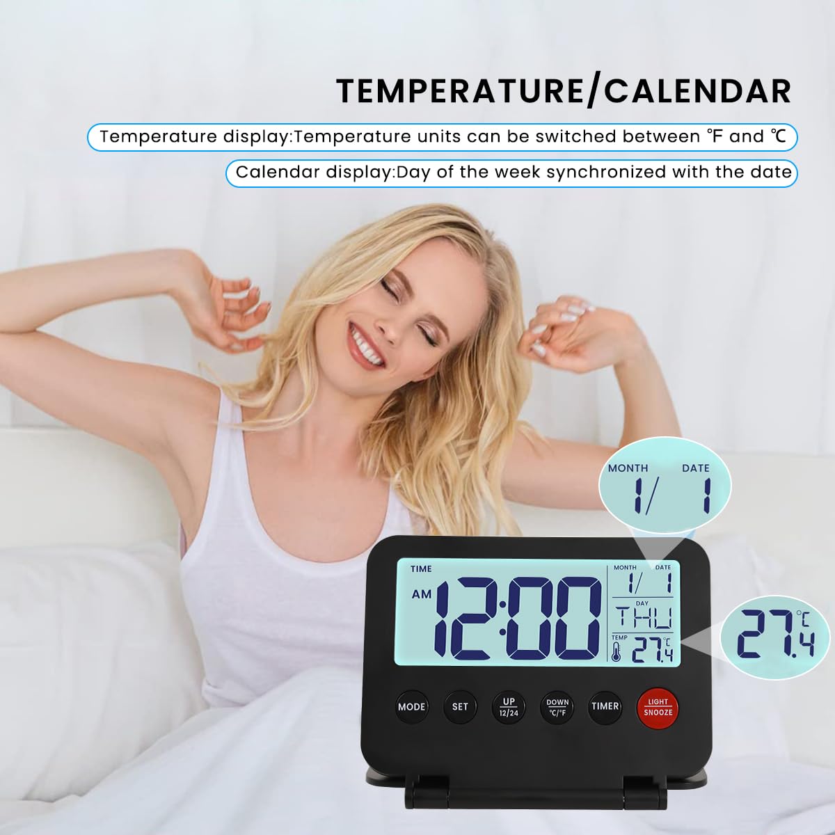 HASTHIP® Mini Alarm Clock Backlight Digital Alarm Clock with Date & Temp Kitchen Timer with Folding Bracket Battery Powered Mini Desk Clock for Kitchen, Study (Battery Not Included)