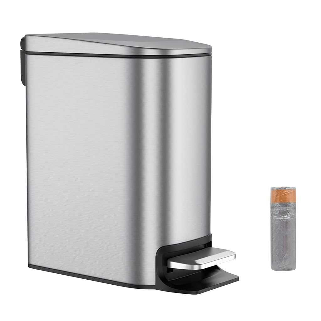HASTHIP® Trash Bin with Lid Foot Operated Trash Bin Waste Bin 6 Liter Capacity Double Layer Stainless Steel Trash Bin with Removable Liner Bucket Sleek Trash Bin for Office, Room, Bathroom