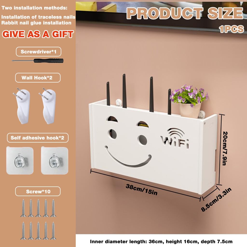 Supvox Wall Mount Storage Box for Router and Modem with PVC Cabinet Shelf in White | Space-Saving TV Accessory
