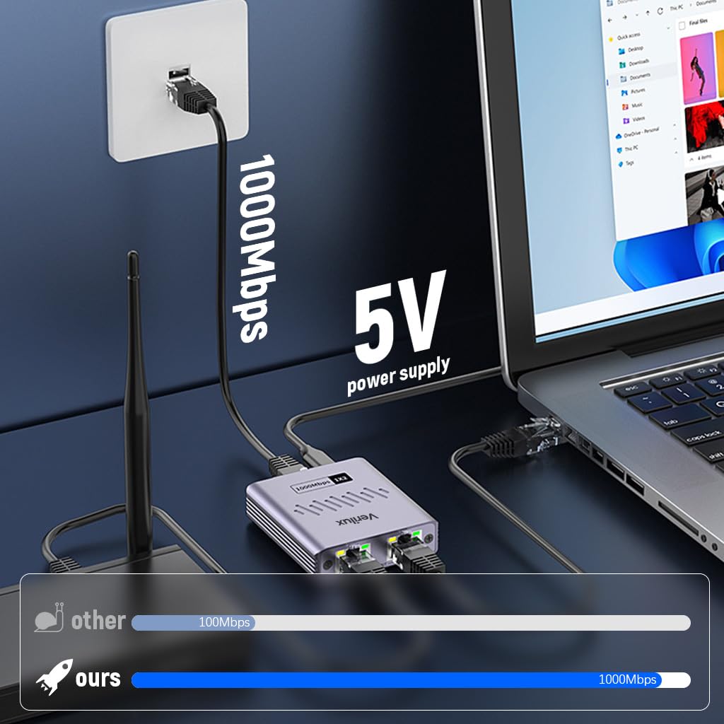Verilux Gigabit Ethernet Splitter for Dual Device Connectivity with USB C Power | 1000Mbps 2 PCS