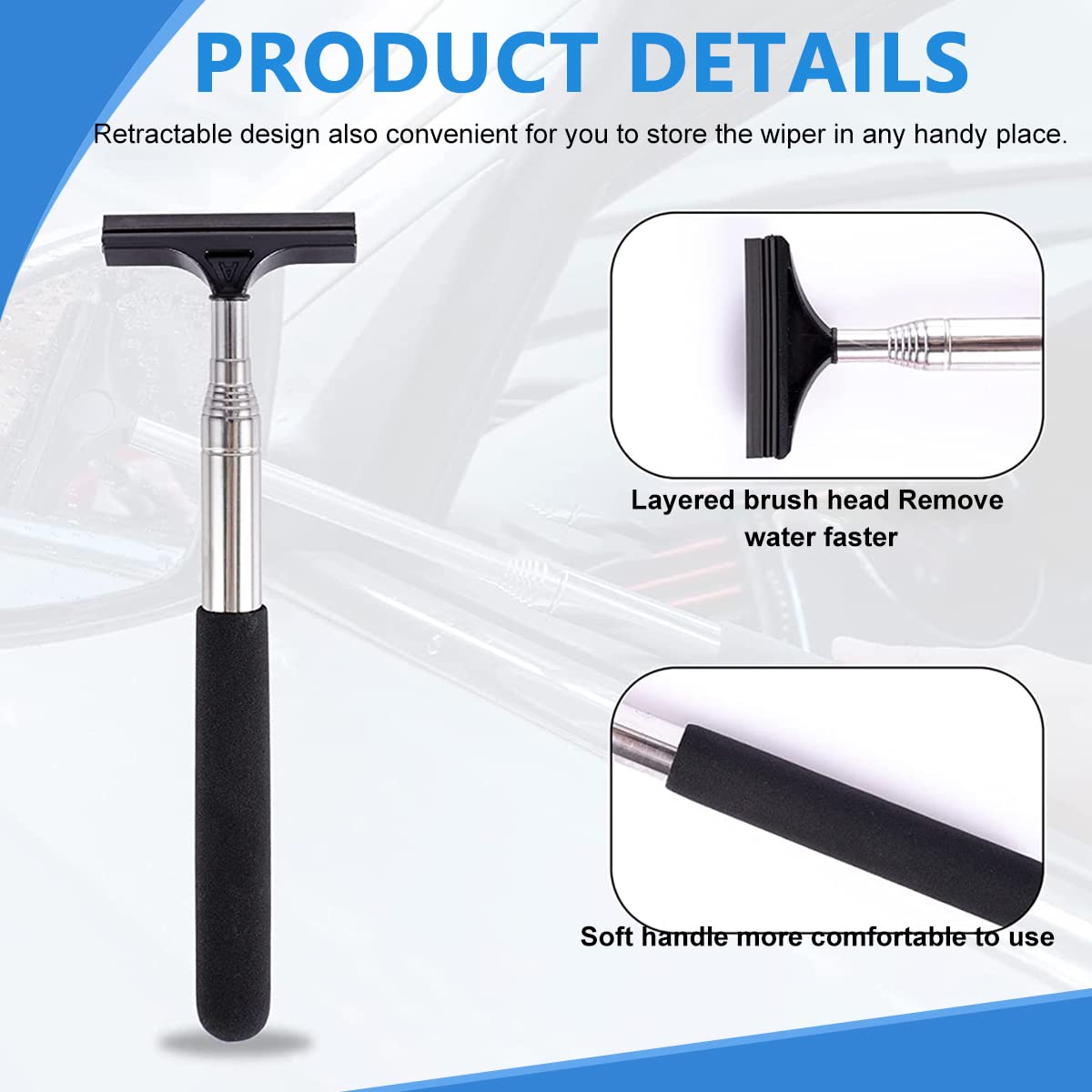 Car Rearview Mirror Wiper for Safe Driving with Retractable 38.6 in Rod and 2.5 in Rubber Head