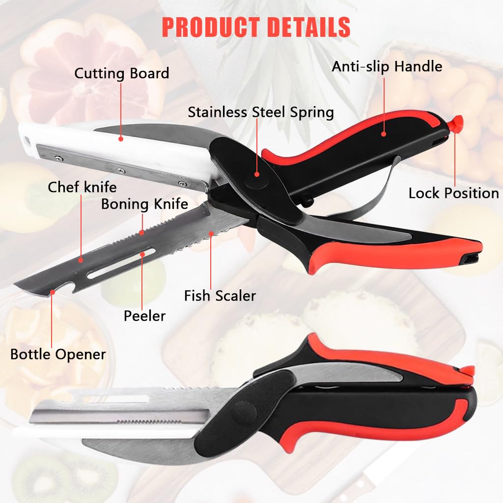 HASTHIP® Vegetable Scissors, Food Cutter Choppers Meat Scissors Kitchen Shears, Quick Vegetable Slicer with Cutting Board Knife Kitchen Must Haves Chopping Scissors for Kitchen