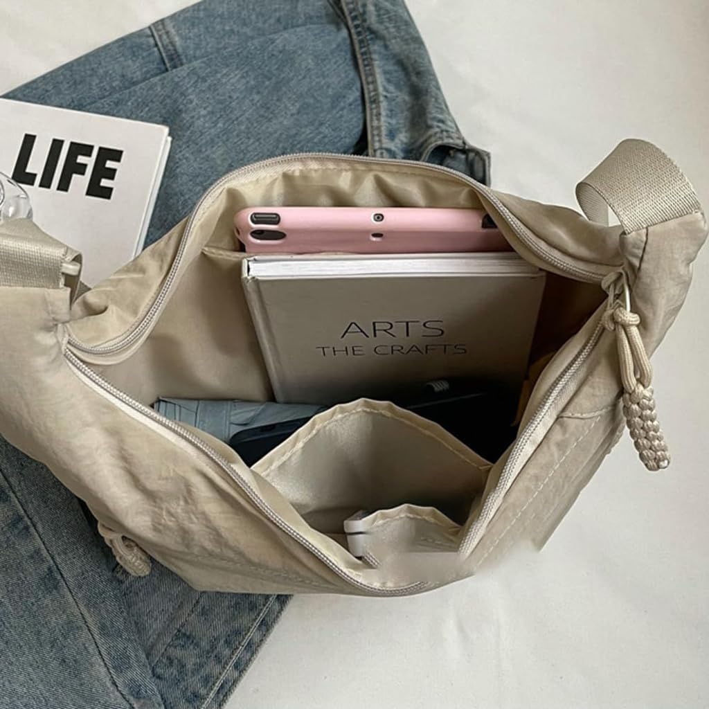 Off White Wheat Ear Dumpling Shoulder Bag featuring Multi Compartment Design for Women | Lightweight Nylon Crossbody for Daily Use and Travel