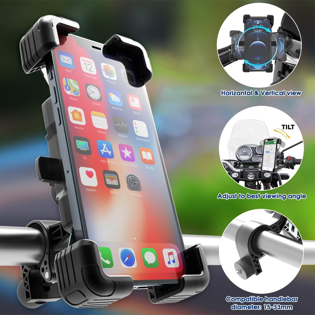 STHIRA® Bike Phone Mount Holder Stainless Steel Retractable Auto-locking Phone Mount 360 Degree Rotatable Phone Mount Holder Universal Phone Mount for Motorcycle, Bike,  Scooter, for 15-33mm Handlebar