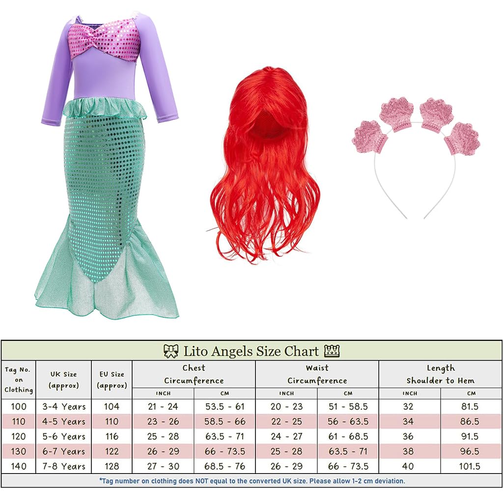 Venzina® Mermaid Princess Costume for Girls Cosplay Suit with Wig and Headband Kids Role Play Dress Up Costume Halloween Party Birthday Costume for Girls 4-5 Years Old