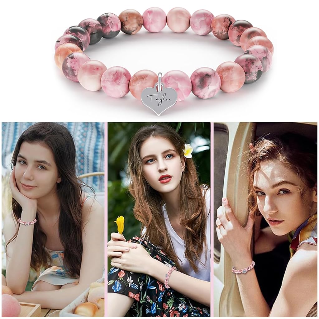 Venzina Taylor Swift Bracelet with Pink Stone Beads and Heart Charm for Women | Gift for Swifties