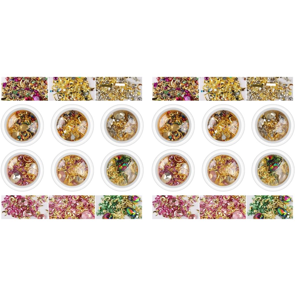 HANNEA Nail Art Rhinestones Kit with 6 Boxes Crystals and Tweezer for 3D Decoration