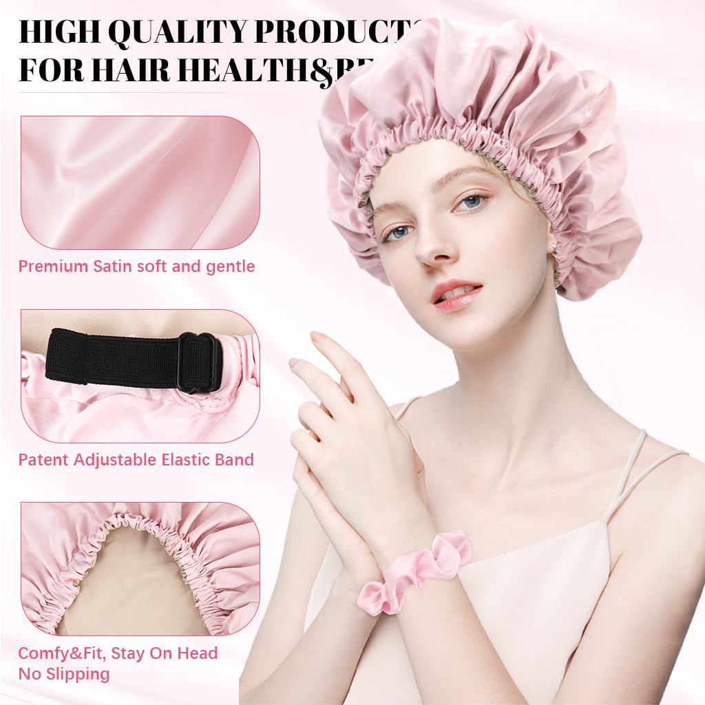 MAYCREATE Silk Bonnet for Sleeping with Adjustable Stretch Headband and 1 Scrunchie | Double‑Sided Satin Cap for Women Hair Protection