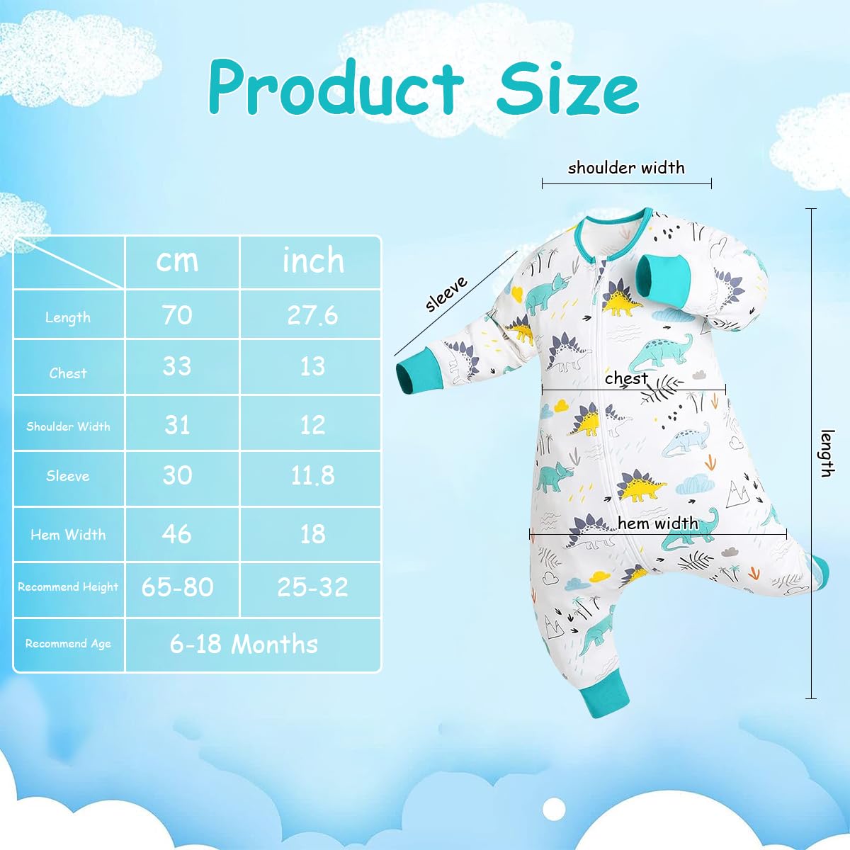 SNOWIE SOFT® Baby Sleepsuits Sleeping Bag with Feet 0.5 TOG Wearable Blanket Baby with Long Sleeve Sleep Sack for Infant Toddler 100% Cotton Walking Sleeping Pajamas for Girl Boy 6-18 Months Dinosaur