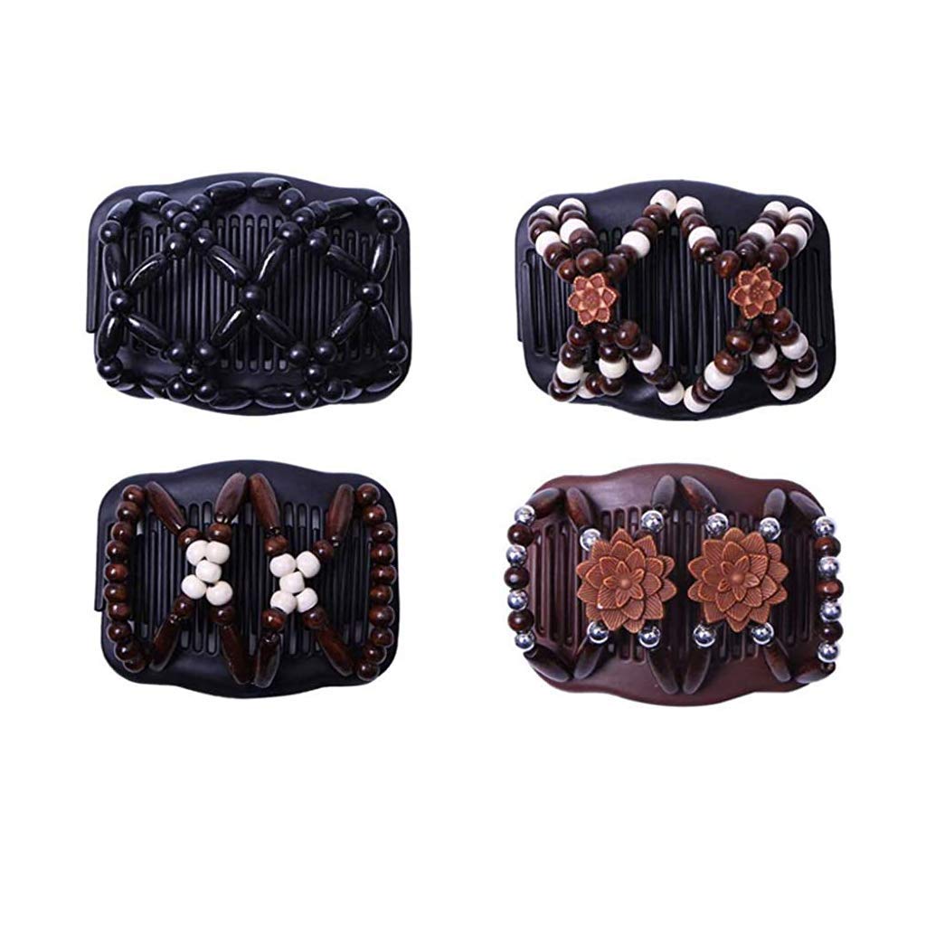 SANNIDHI 4Pcs Magic Hair Side Combs for Women Wood Beaded Hair Clips Stretch Double Hair Side Combs Clips Bun Maker Hair Accessories