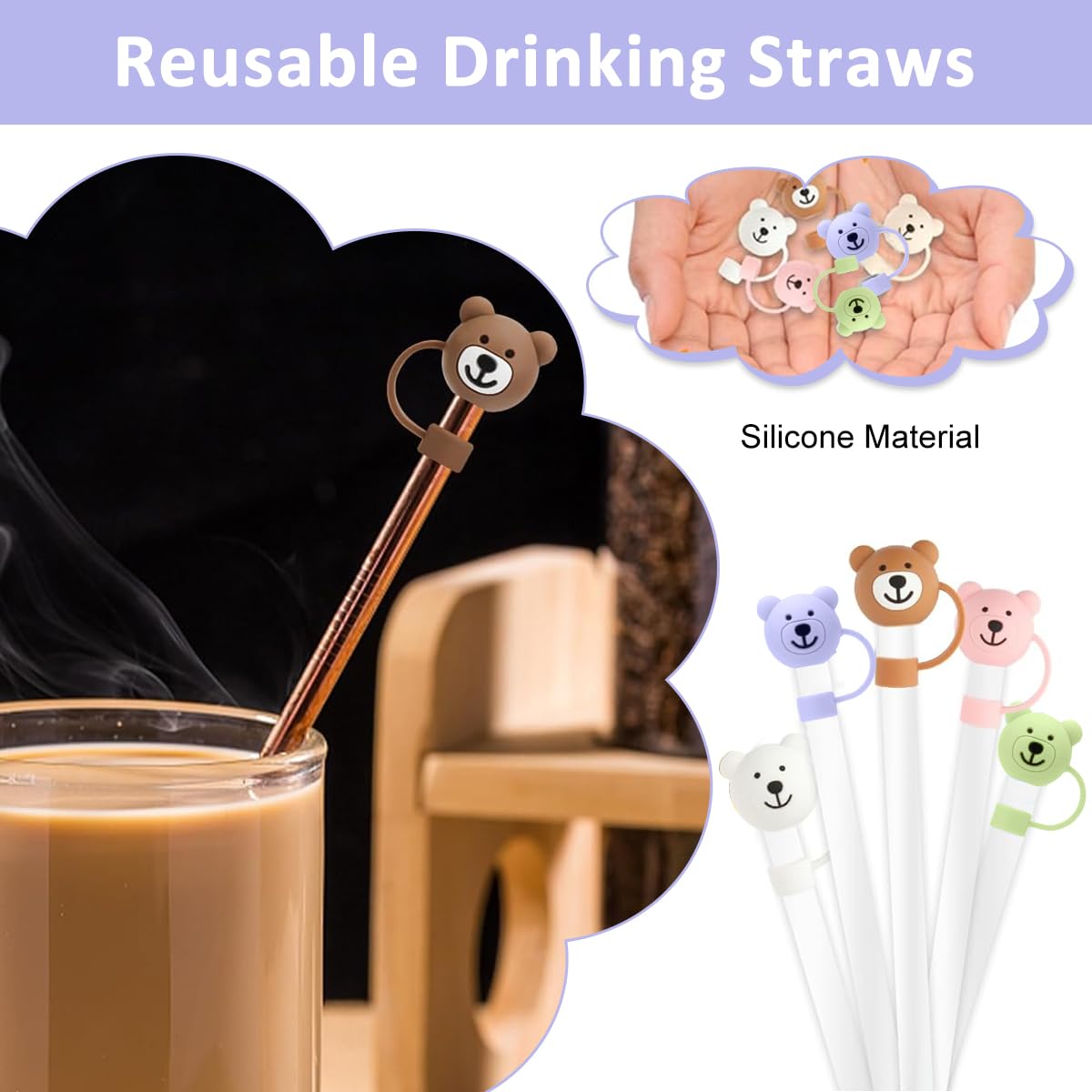 ZIBUYU Silicone Straw Covers for Stanley Cup Tumblers featuring 18 pcs 9mm 10mm fit | Cute Bear Dust Proof Leak Proof Caps