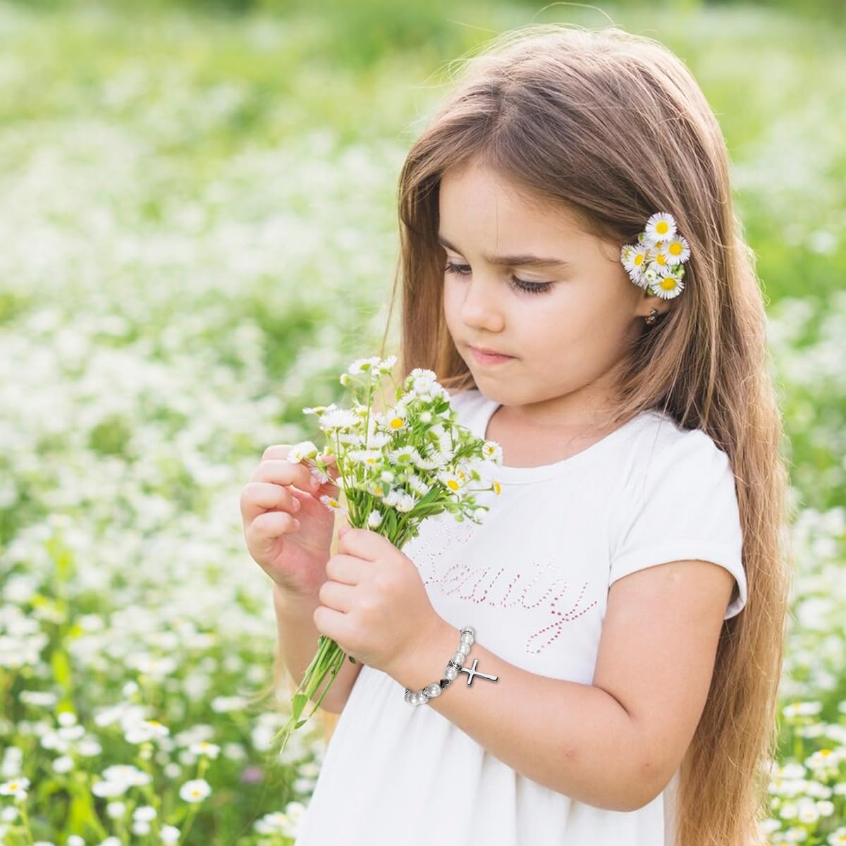 Venzina Pearl Bracelet for Girls featuring Cross Charm and Adjustable Fit | Christening Gift