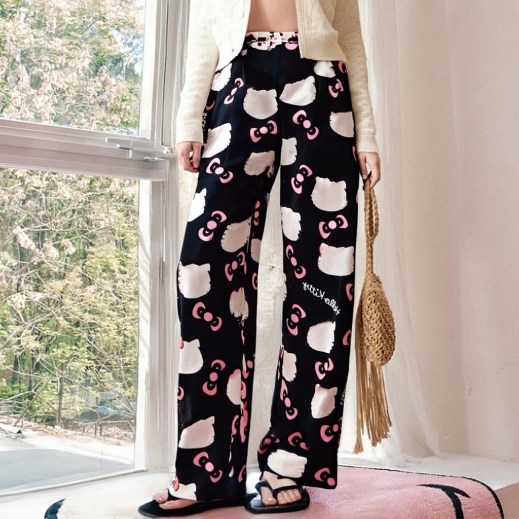 SANNIDHI Pyjama Pants for Women featuring Kawaii Cat Print with Elastic Waist 2XL Black | Soft Polyester Lounge Bottoms