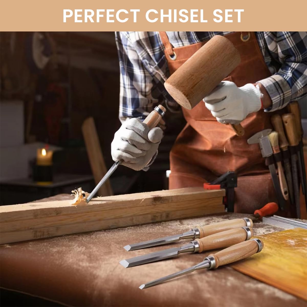 Serplex Bevel Edge Craft Chisel Set 4 PCS for Woodworking with Wooden Handles and Chrome Vanadium Steel Blades