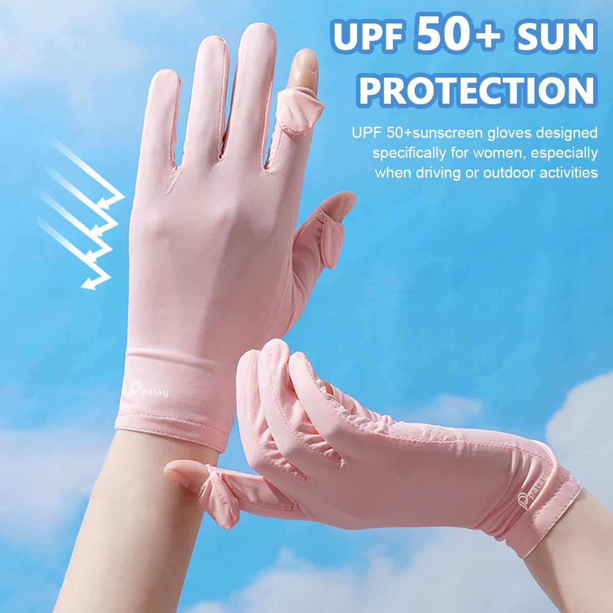 PALAY Spandex Ice Silk UV Sun Protection Gloves for Women with Non Slip Grip | Pink & Grey