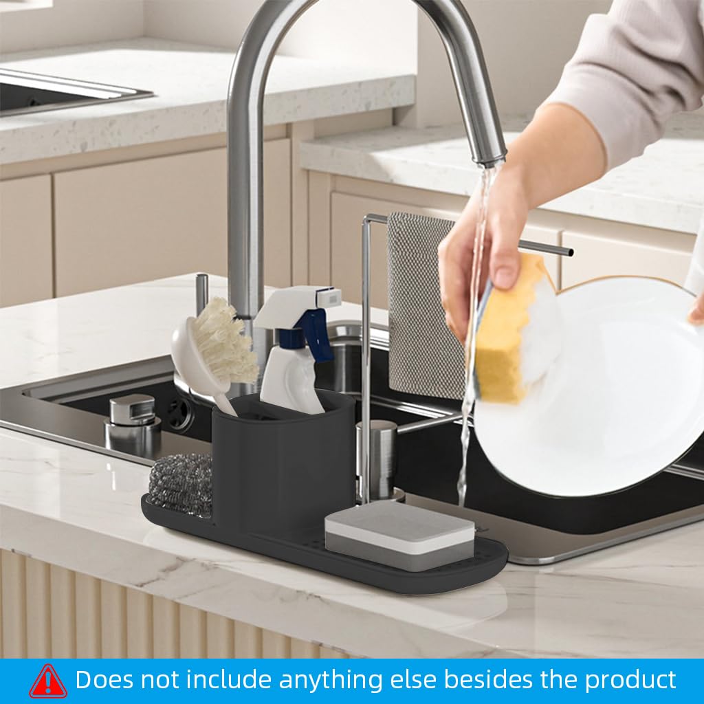 Supvox Kitchen Sponge Holder for Sink with Dual Draining Compartments and Towel Rack | Black Cotton Organizer