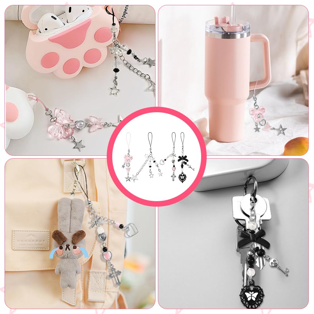 ZORBES Phone Charms 4 Pcs for Girls with Y2K Bows and Hearts | Bag and Keychain Accessories