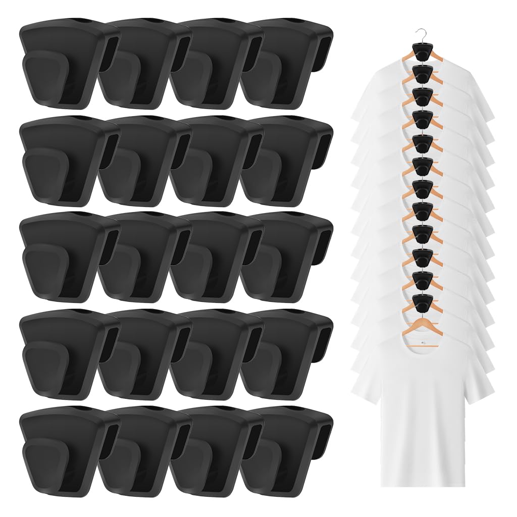 HASTHIP® 20Pcs Hanger Connectors Space Saving Hanger Stackers for Wardrobe Universal Clothes Hanger Stackers Wardrobe Organizers, Black