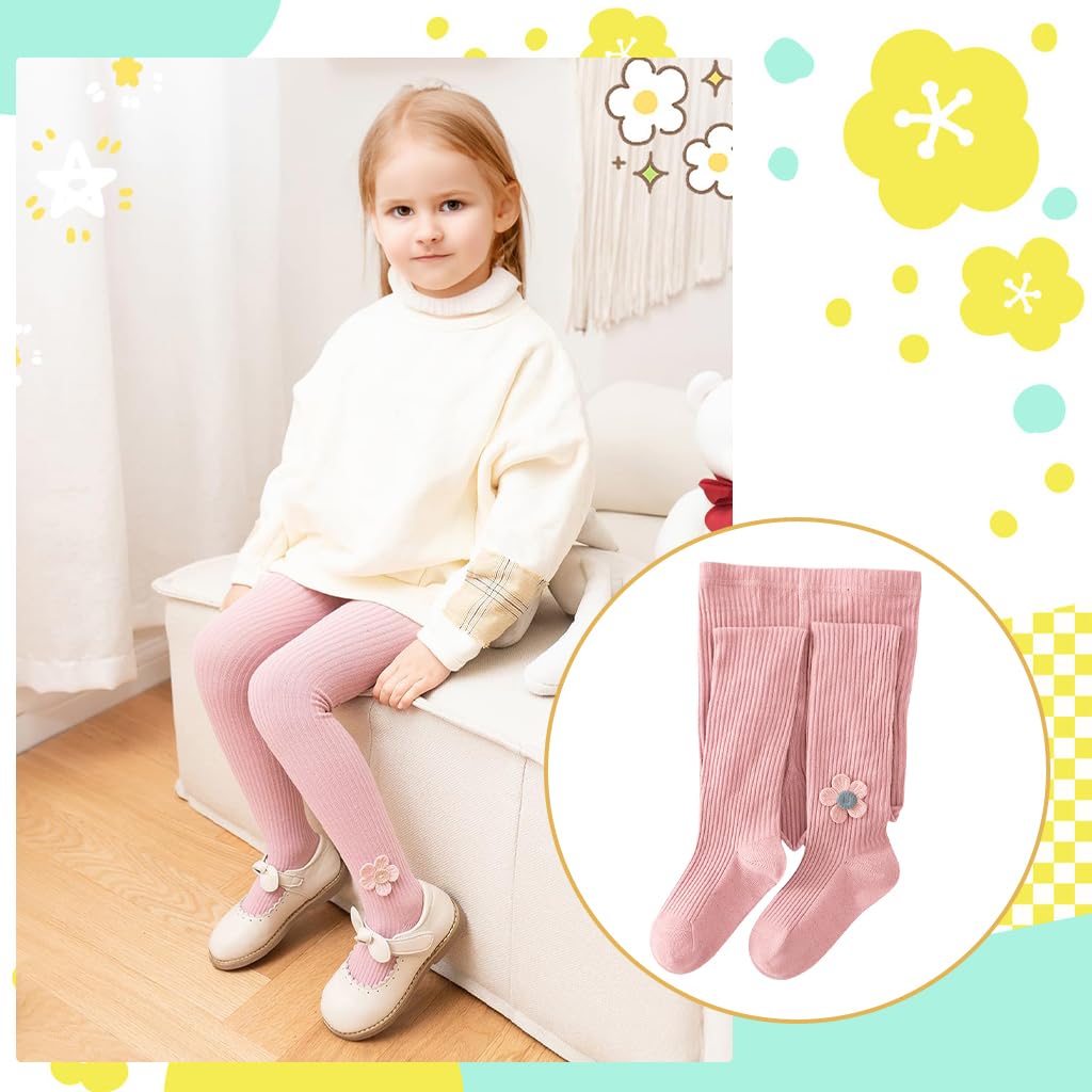 Zibuyu Toddler Girls Cable Knit Leggings for Fall and Winter with Flower Accents | Soft Breathable Cotton Pantyhose