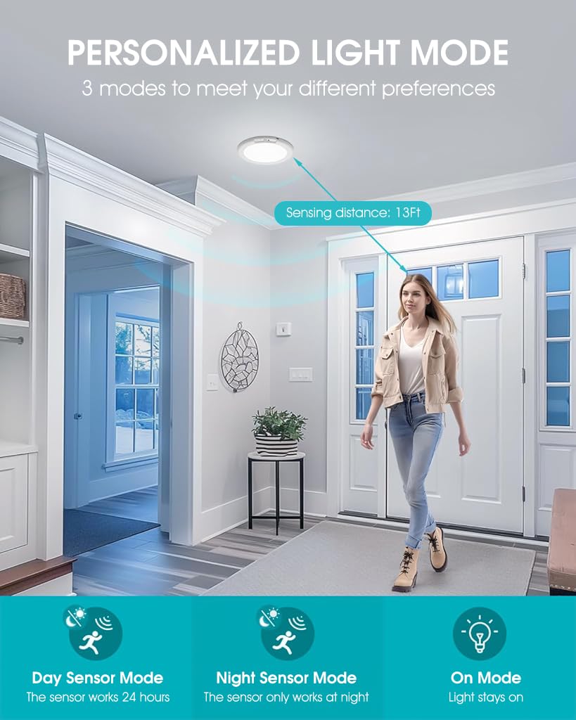 ELEPHANTBOAT LED Ceiling Light for Hallway and Stairs with PIR Motion Sensor | 7.5 in 3 Color Dimmable Rechargeable Design