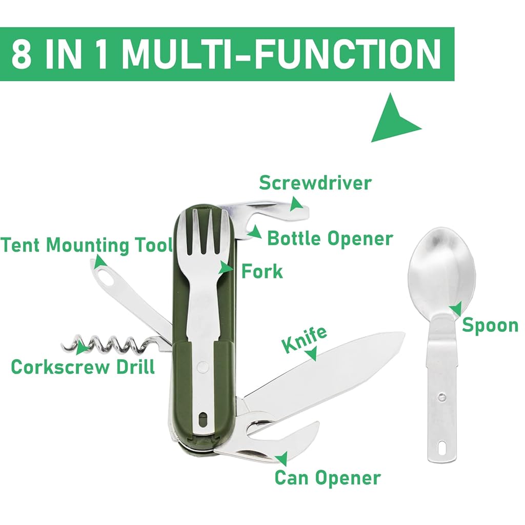 Proberos® Plastic 7 in 1 Camping Cutlery Picnic Hiking Trekking Outdoor Tableware Combination Detachable Spoon Fork Folding Cork Opener Can Opener 2PCS