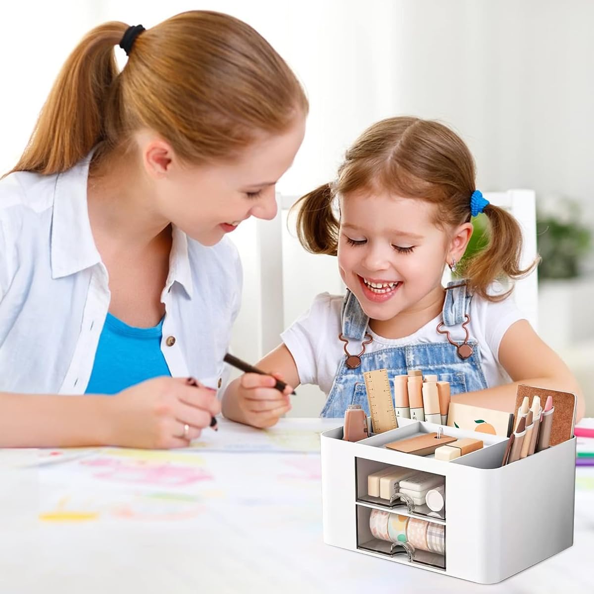 Climberty Desk Organizer for Office Supplies with 7 Compartments and 2 Drawers White | ABS Plastic