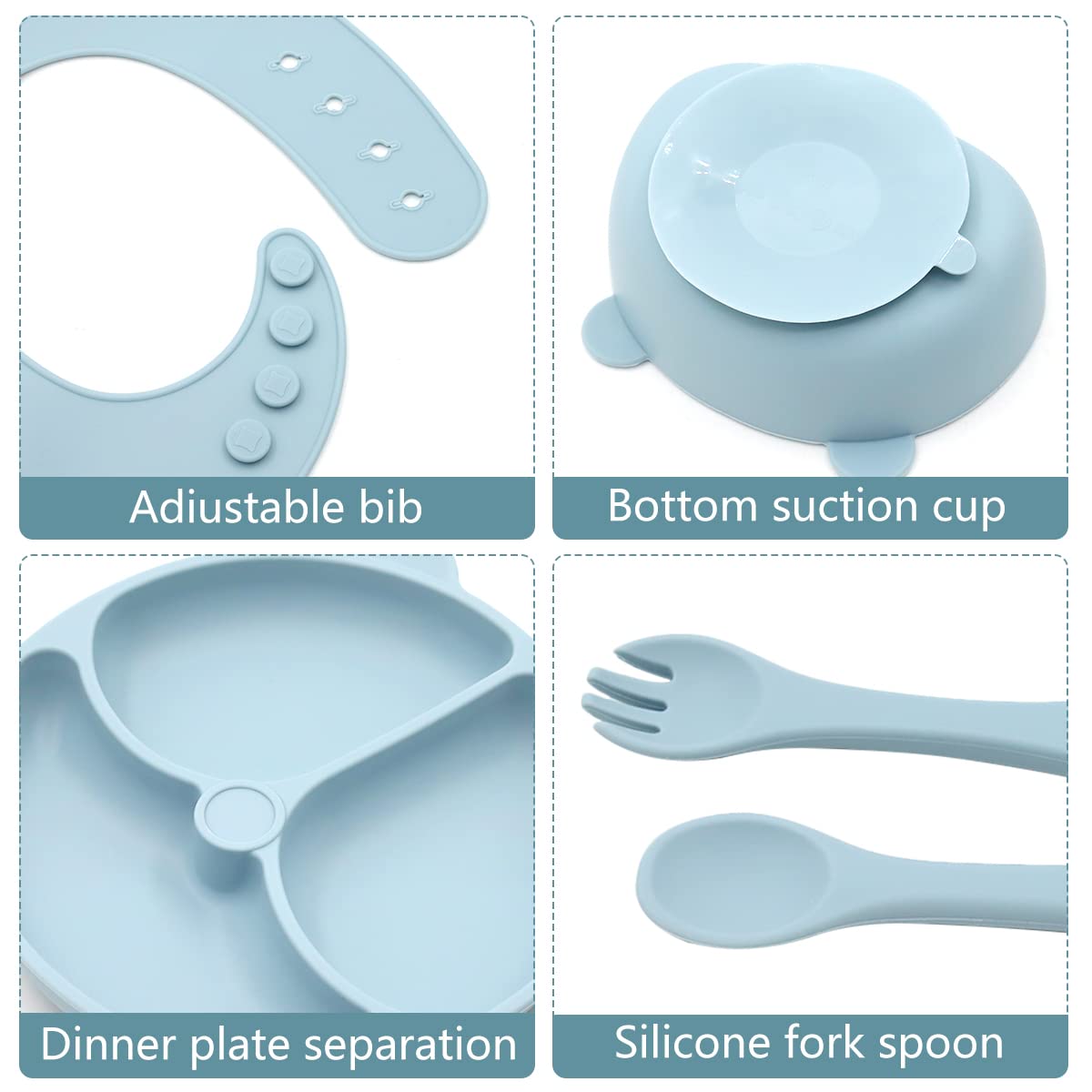 SNOWIE SOFT® 6Pcs Silicone Solid Tableware Kit For Baby, Foodgrade Silicone Tableware Kit With Suction Plate & Bowl Cup Spoon Fork And Bib, Bpa-Free Dishwasher & Microwave Safe Baby Product