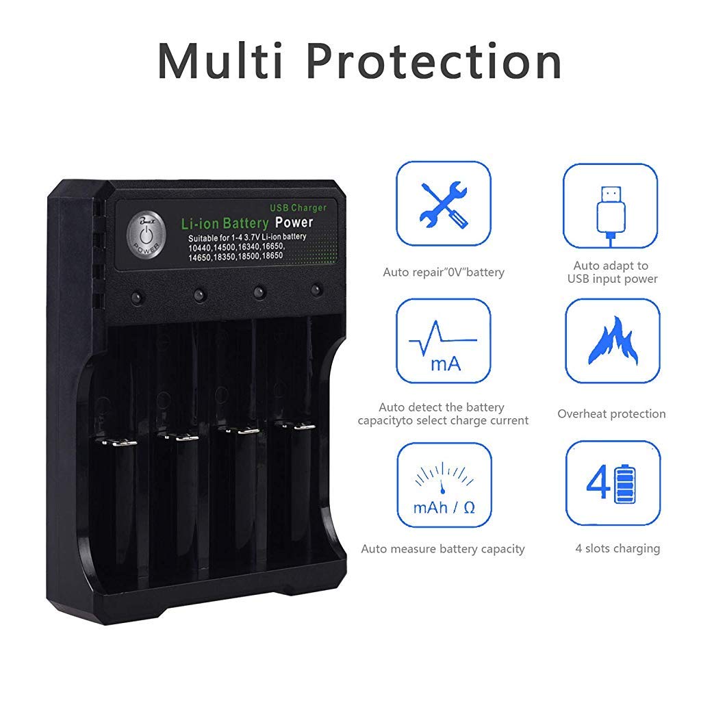 HASTHIP® 18650 Battery Charger 4 Bay Fast Charge, for 3.7V Li-ion TR IMR 10440 14500 16650 14650 18350 18500 16340(RCR123) Batteries, USB Intelligent Universal Rechargeable Battery Charger