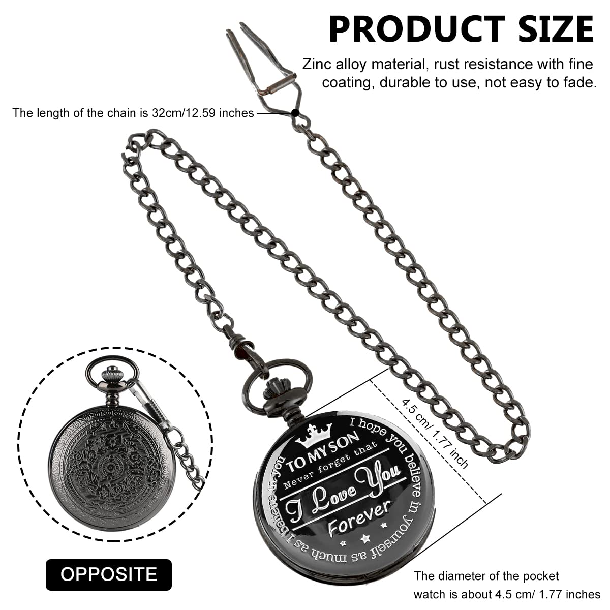 HASTHIP® Pocket Watch for Men Boys Gift for Son, Personalized Engraved Alloy Pocket Watches with Chain, to My Son I Love You Birthday Graduation Gifts Quartz Watch - Black